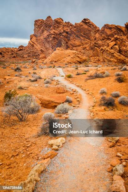 Trail Path In Valley Of Fire State Park Stock Photo - Download Image Now - Footpath, Red Rock Canyon National Conservation Area, Road