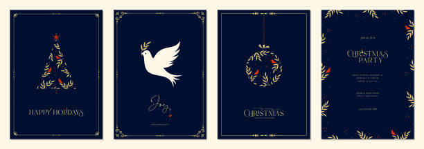 Universal Christmas Templates_10 Holiday cards with Christmas tree, Dove, birds, Christmas ornament and floral frames. Universal artistic templates. background of red cardinals stock illustrations