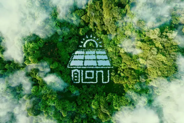 A lake in the shape of a house with solar panels and batteries in the middle of a healthy forest, symbolizing the ecological storage of solar energy in domestic conditions. 3d rendering.