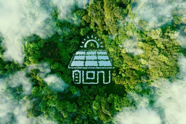 a lake in the shape of a house with solar panels and batteries in the middle of a healthy forest, symbolizing the ecological storage of solar energy in domestic conditions. 3d rendering. - solar energy imagens e fotografias de stock
