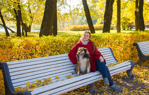 Young woman with long red hair in a red coat sits with a sheltie dog on a bench in an autumn park
