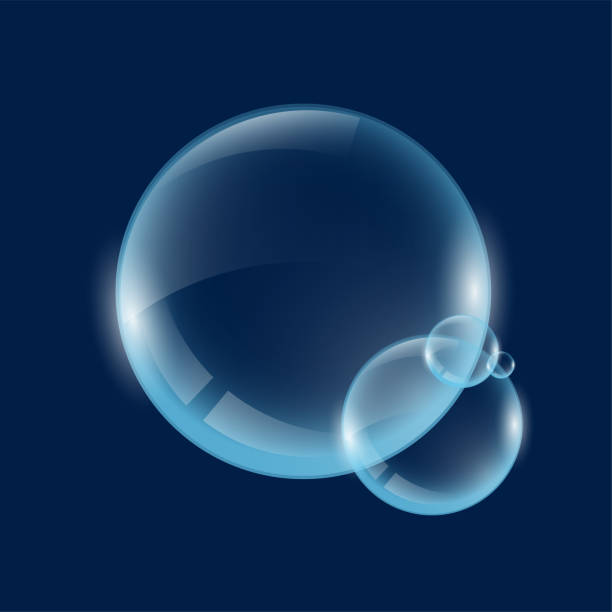 istock Realistic transparent soap or water bubbles. Big translucent glass spheres with glares and shadow on blue background. Isolated vector transparency orbs illustration 1346741475
