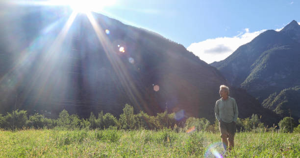 istock Man watches sunrise over distant mountains from lush meadow 1346742469