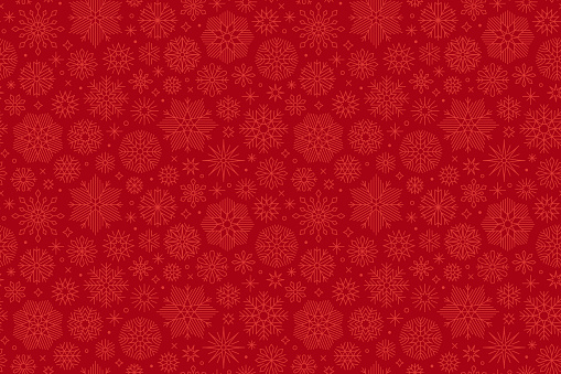 Holiday pattern with snowflakes in repeat. Red Christmas seamless pattern with graphic snowflakes.