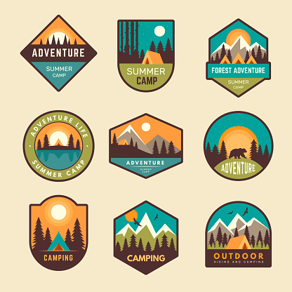 Adventure badges. Summer camp mountains forest hiking exploring scout outdoor labels hipster stickers recent vector templates set. Logo emblem adventure, badge summer with mountains illustration