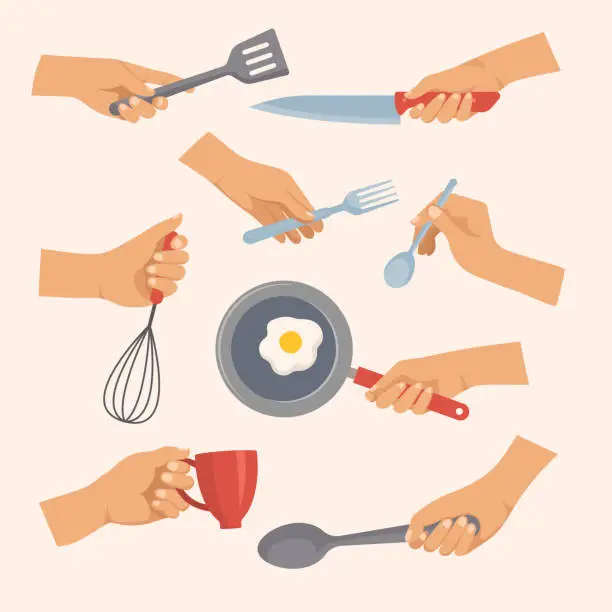 Vector illustration of Kitchen tools in hands. Objects for preparing food in kitchen forks spoons plates pots recent vector flat items