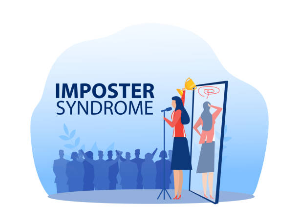 illustrazioni stock, clip art, cartoni animati e icone di tendenza di imposter syndrome.woman in piedi per il suo profilo attuale con ottenere premio. ansia e mancanza di fiducia in se stessi sul lavoro; la persona falsifica è il concetto di qualcun altro - copiare