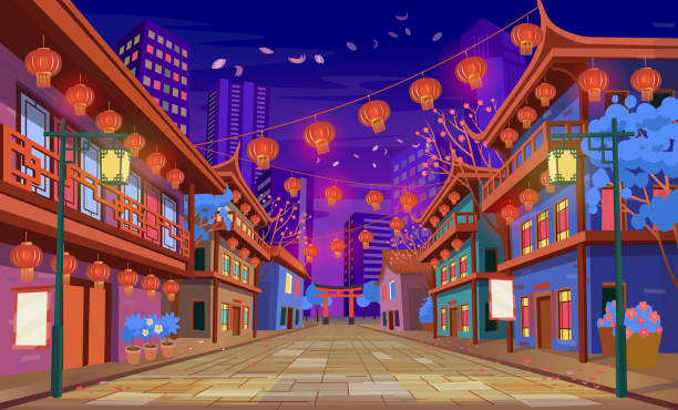 panorama chinesische straße mit alten häusern, chinesischen bogen, laternen und eine girlande. vektor-illustration der stadt straße im cartoon-stil. - store market china city street stock-grafiken, -clipart, -cartoons und -symbole