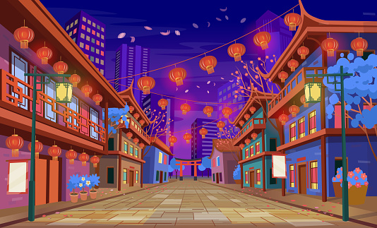 Panorama chinese street with old houses, chinese arch, lanterns and a garland. Vector illustration of city street in cartoon style.