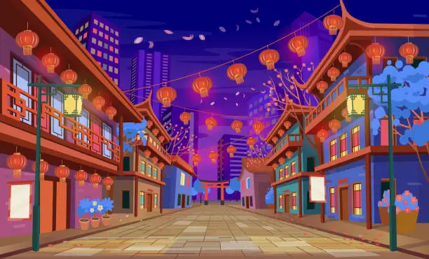 Vector illustration of Panorama chinese street with old houses, chinese arch, lanterns and a garland. Vector illustration of city street in cartoon style.