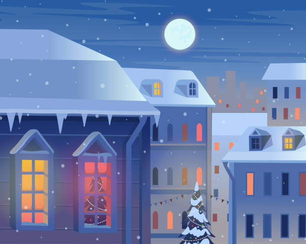 ilustrações de stock, clip art, desenhos animados e ícones de facades of houses in winter at night. landscape with city and moon. vector illustration - xmas modern trees night