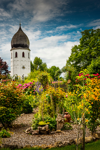 monastery tower on Frauenchiemsee island .It is a very famous tourist attraction in Bavaria.