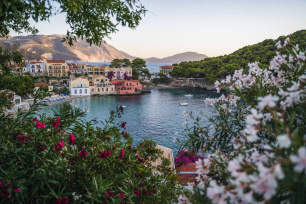 assos village on kefalonia island, greece. red and white oleandre flower blossom in foreground with turquoise bay and colorful traditional houses in background - corfu town stockfoto's en -beelden