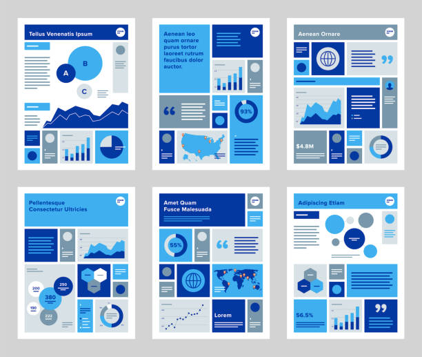 ilustraciones, imágenes clip art, dibujos animados e iconos de stock de plantilla de diseño de hoja de datos de infografía moderna: conjunto de diseño de página de cuadrícula modular - modular