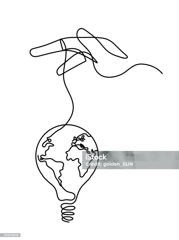 Hand with sign of light bulb with globe as line drawing on the white background Business stock vector