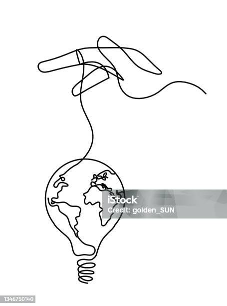 Hand With Sign Of Light Bulb With Globe As Line Drawing On The White Background Stock Illustration - Download Image Now