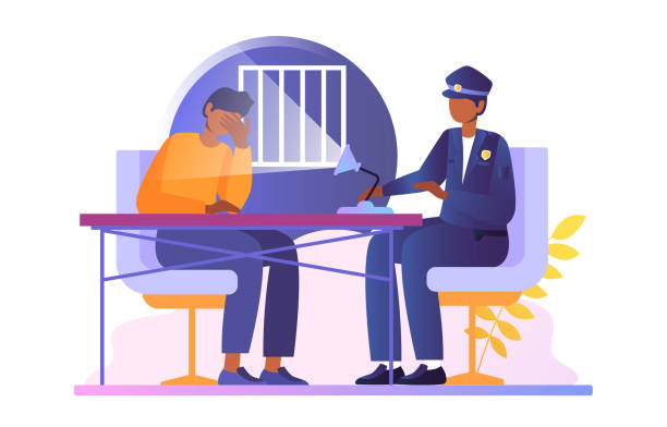 policjant przesłuchuje podejrzanego - interview stock illustrations