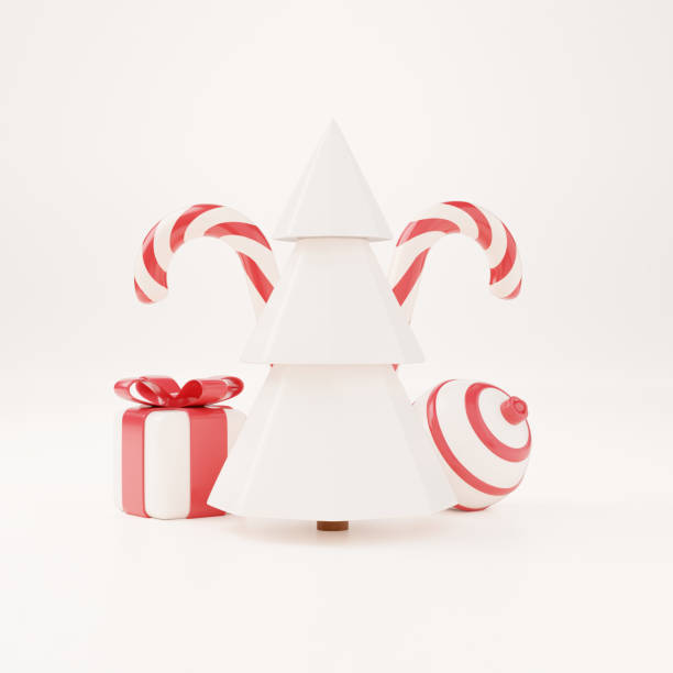 istock 3d Christmas tree with red gift box and ball white background, xmas poster, web banner. 3d render illustration minimal style christmas and new year concept 1346750505