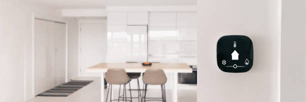 Smart home tech device IoT House automation domotics panoramic banner. Connected thermostat with app icons showing temperature and heat cool adjustment