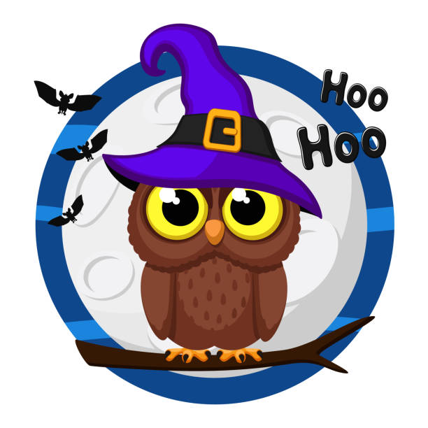 istock Owl in a hat sits on a branch against the backdrop of the moon. Halloween character 1346754760