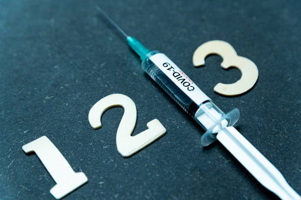 istock Third covid vaccine dose and jab concept with numbers. Syringe is seen on table as a concept for the 3rd covid-19 vaccine dose, also called booster shot 1346755108