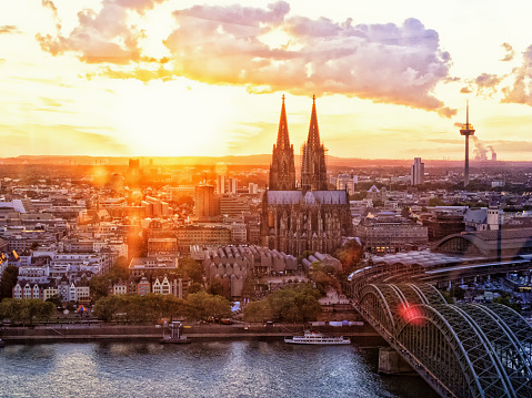 Cologne and the cathedral in the evening sun and the city in the background