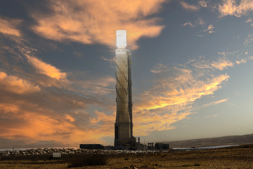 Solar power tower in the Negev Desert in Israel.