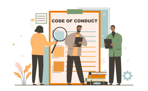Code of conduct concept Code of conduct concept. Employees of company read rules of ethics and morality in team. People studying document using magnifying glass. Cartoon flat vector illustration isolated on white background social issues stock illustrations