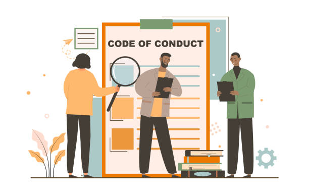 Code of conduct concept Code of conduct concept. Employees of company read rules of ethics and morality in team. People studying document using magnifying glass. Cartoon flat vector illustration isolated on white background code stock illustrations