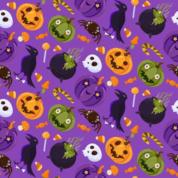 Halloween witch accessory seamless pattern art vector Halloween witch accessory seamless pattern vector. Raven and spider animal, mushroom and pumpkin ingredient for cooking and prepare potion. Autumn season holiday flat cartoon illustration ugly soup stock illustrations