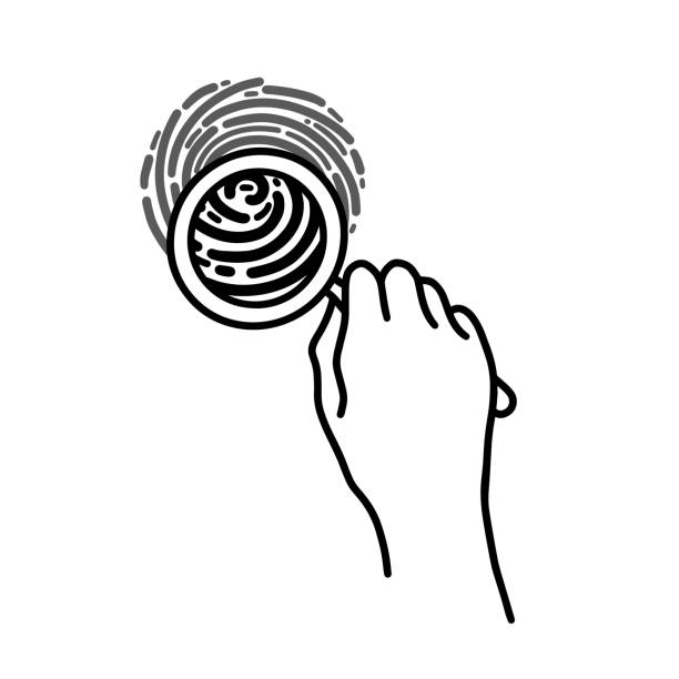 손, 돋보기. 벡터 그려진 그림 - biometrics touching glass fingerprint stock illustrations