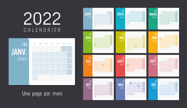 Colorful 2022 horizontal monthly French calendar Year 2022 colorful minimalist monthly calendar, in French language, on black background. Week starts Monday. Vector template. calendar 2022 stock illustrations