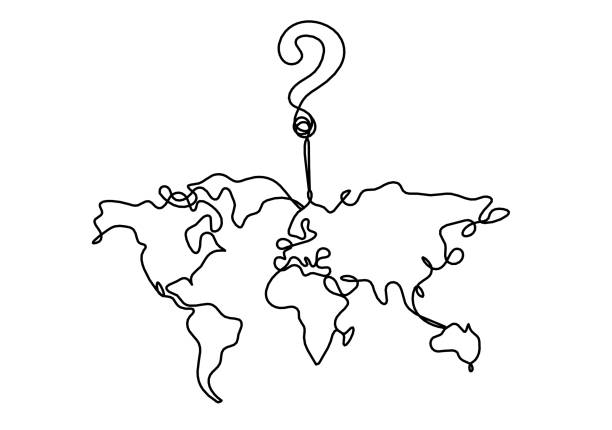  Mapa, de, planeta tierra, y, signo de interrogación, como, dibujo lineal, blanco, plano de fondo Colección de ilustraciones