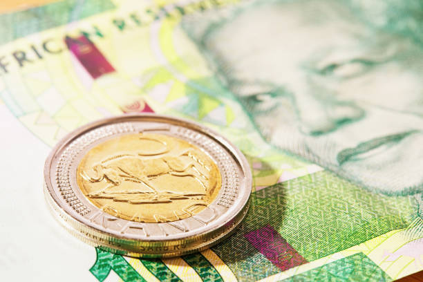 south african r5 coin on a banknote depicting nelson mandela - ten rand note imagens e fotografias de stock