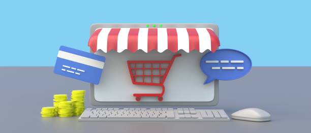 istock Online shopping, ecommerce. Shopping cart on a computer screen on blue background. 3d illustration 1346760602