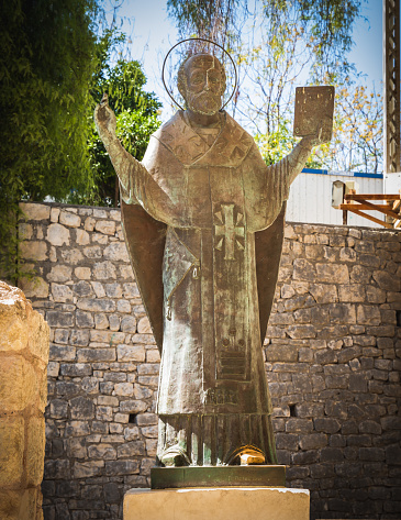 Demre, Antalya, Turkey - October 03 2021: Statue of St. Nicholas the Wonderworker of Myra in Ancient Byzantine Orthodox Church.