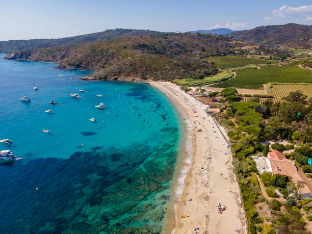 Aerial view of Briande beach in La Croix-Valmer (French Riviera, South of France) stock photo