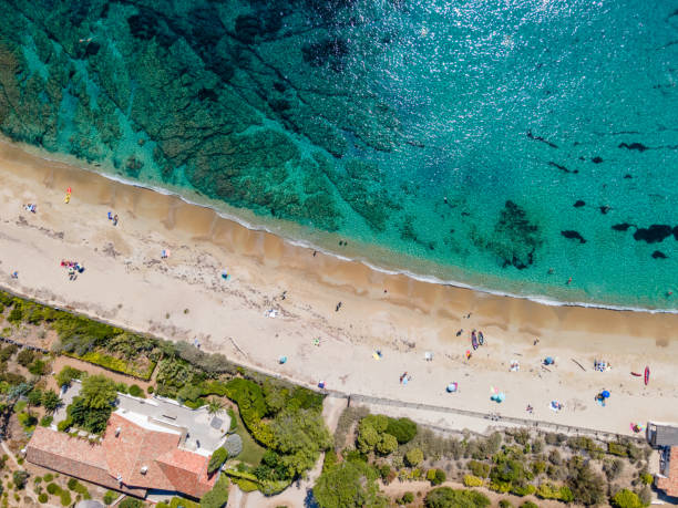 Aerial view of Briande beach in La Croix-Valmer (French Riviera, South of France) stock photo
