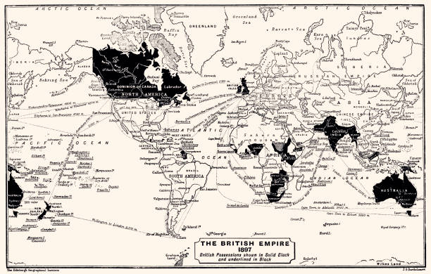 THE BRITISH EMPIRE 1897   (High resolution with great detail) 1897: The British Empire. British Possessions shown in Solid Black and underlined in Black. Vintage illustration circa late 19th century. Digital restoration by Pictore. the past illustrations stock illustrations