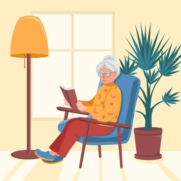 ilustrações de stock, clip art, desenhos animados e ícones de granny sits in a chair near the window and reads a book. an old woman is resting. a floor lamp and a palm tree stand side by side. - woman with glasses reading a book
