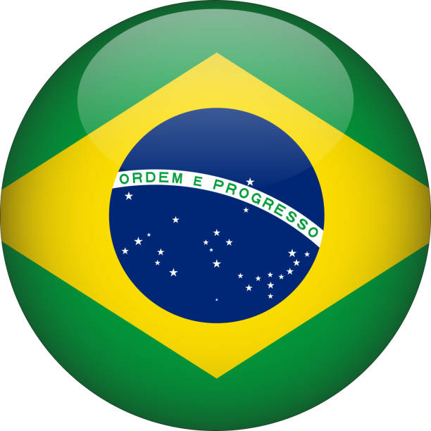 3d 둥근 국가 플래그 버튼 아이콘 - 브라질 국기 stock illustrations