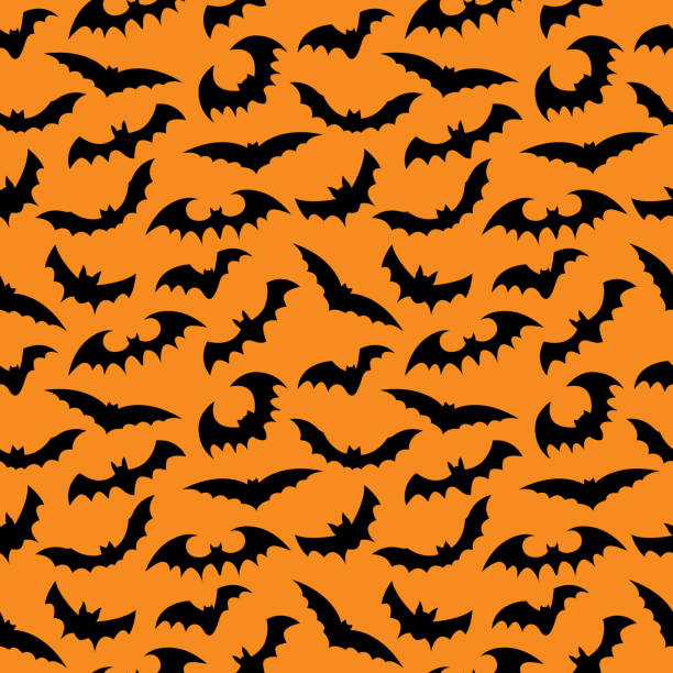 illustrazioni stock, clip art, cartoni animati e icone di tendenza di pipistrelli neri su uno sfondo arancione senza cuciture - negoziante di tessuti