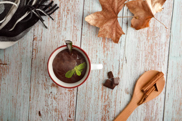 テーブルの上にミントとホットチョコレートマグカップ - hot chocolate hot drink high section color image ストックフォトと画像