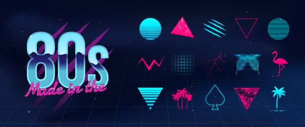 ilustraciones, imágenes clip art, dibujos animados e iconos de stock de conjunto de 15 elementos retro futuristas. elementos de moda de los 80 para crear tu propio diseño. plantillas retrowave para logotipo, etiquetas, portadas, carteles, diseño de camisetas. estilo neón retro. ilustración vectorial - american flamingo