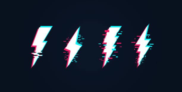 zestaw 4 ikon piorunów. ikony błyskawic izolowane na białym tle. zestaw thunderbolt neon glitch. ilustracja wektorowa - lightning thunderstorm storm flash stock illustrations