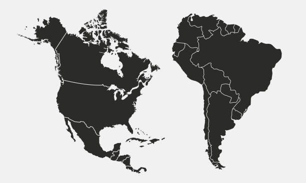 북미와 남미지도는 흰색 배경에 고립되어 있습니다. 지역이 있는 북미지도. 미국, 캐나다, 멕시코, 브라질, 아르헨티나 지도. 벡터 일러스트레이션 - mexico argentina stock illustrations