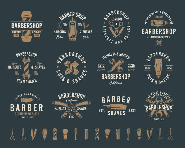Barbershop vintage hipster emblem templates. 12 emblems and 16 design elements for barber shop, haircut's salon. Barber shop emblems templates. Vector illustration Vector illustration saloon logo stock illustrations