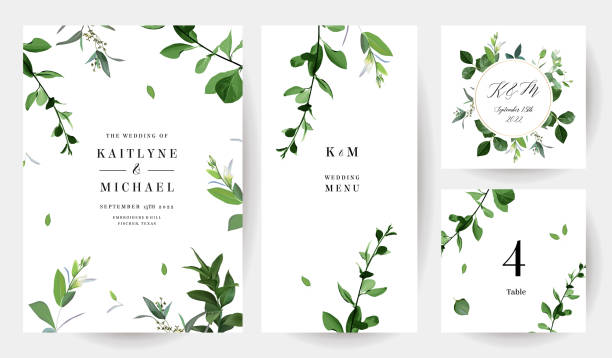 ziołowe minimalistyczne ramki wektorowe. ręcznie malowane gałęzie, liście na białym tle - lush green stock illustrations