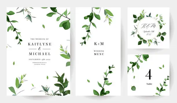 Vector illustration of Herbal minimalist vector frames. Hand painted branches, leaves on white background