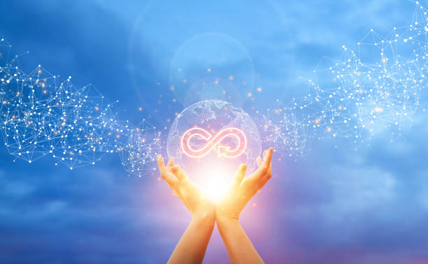 istock Hands holding circular economy symbol on sunset with network connection. Sustainable strategy for eliminate waste and pollution.  Eco business development on  environment. 1346772585